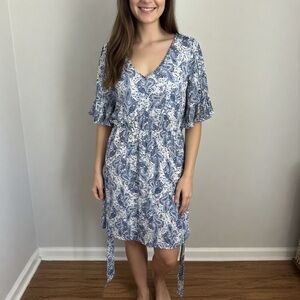 Nine West Blue & White Paisley Flutter Sleeve Belted Dress - Size Large